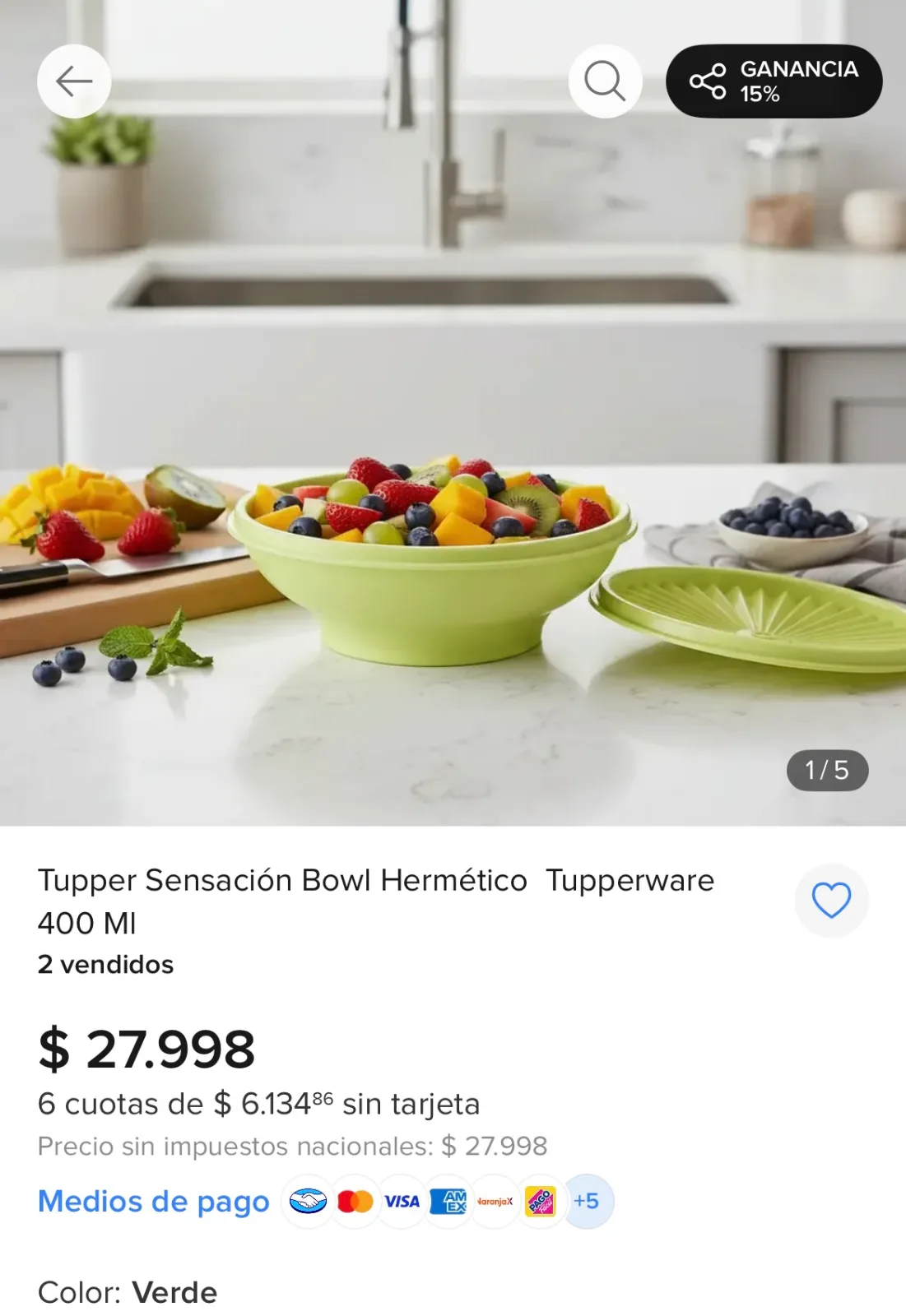 Bowl Tupperware Sensación verde 400 ml con tapa, foto 3
